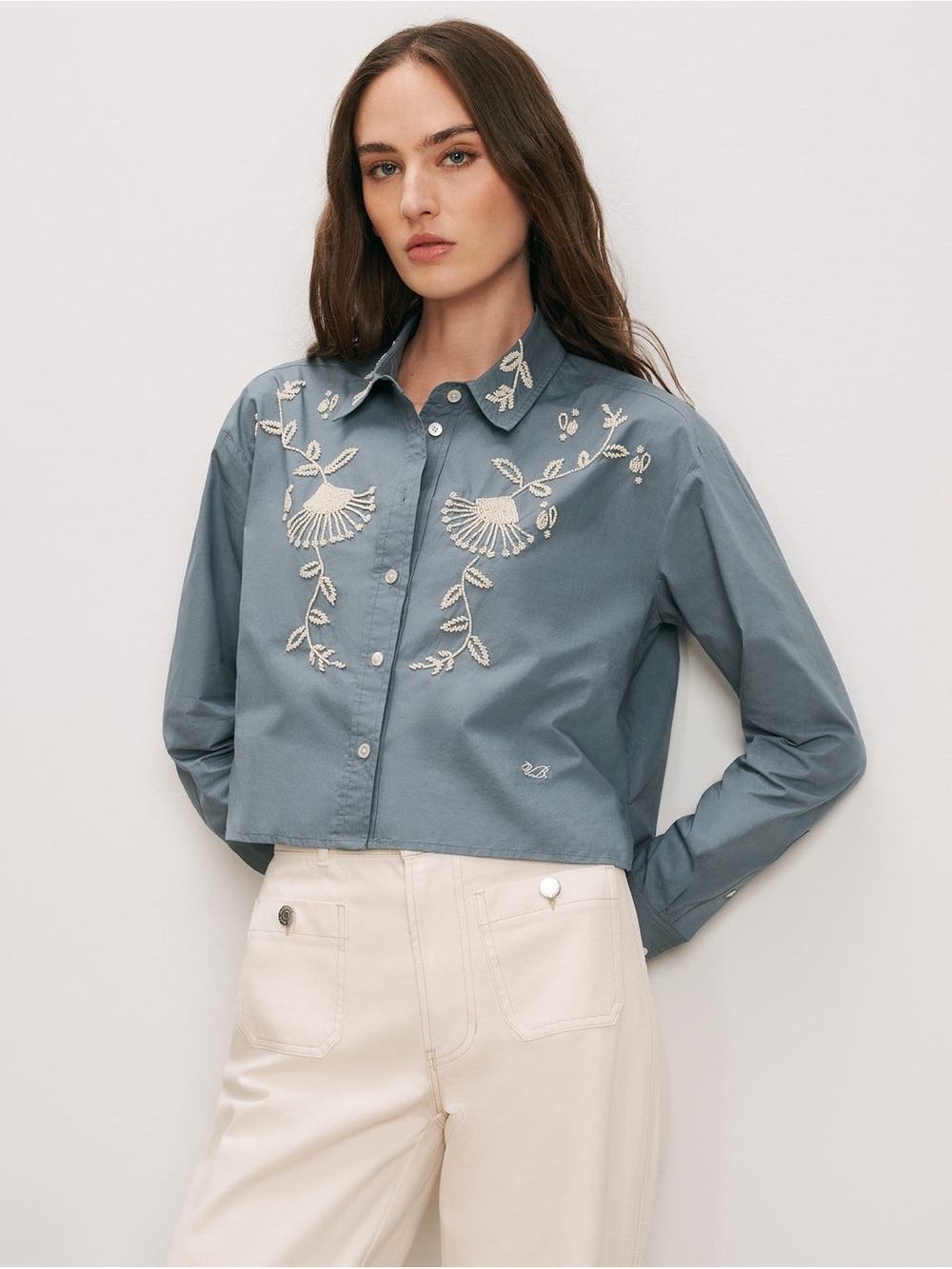 Veronica Beard Slate Blue Embroidered Cropped Button-Front Shirt